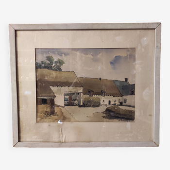 Vintage French watercolour of a farm, signed, from 1955