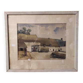 Aquarelle française vintage d'une ferme, signée, de 1955