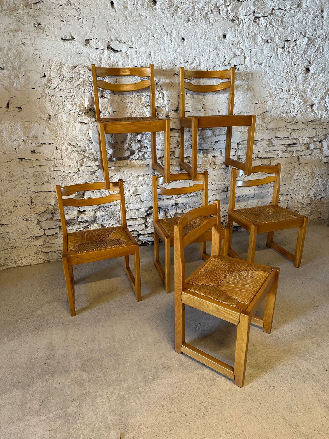 6 Regain House chairs - Elm and straw - 1980 - Vintage - Brutalist