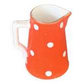 Milk jug, pitcher with white polka dots on orange earthenware, Sarreguemines and Digoin