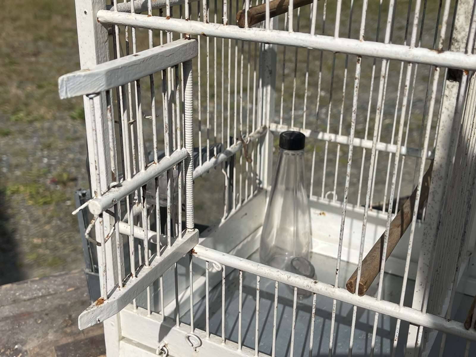 1950s wooden and metal birdcage with period accessories
