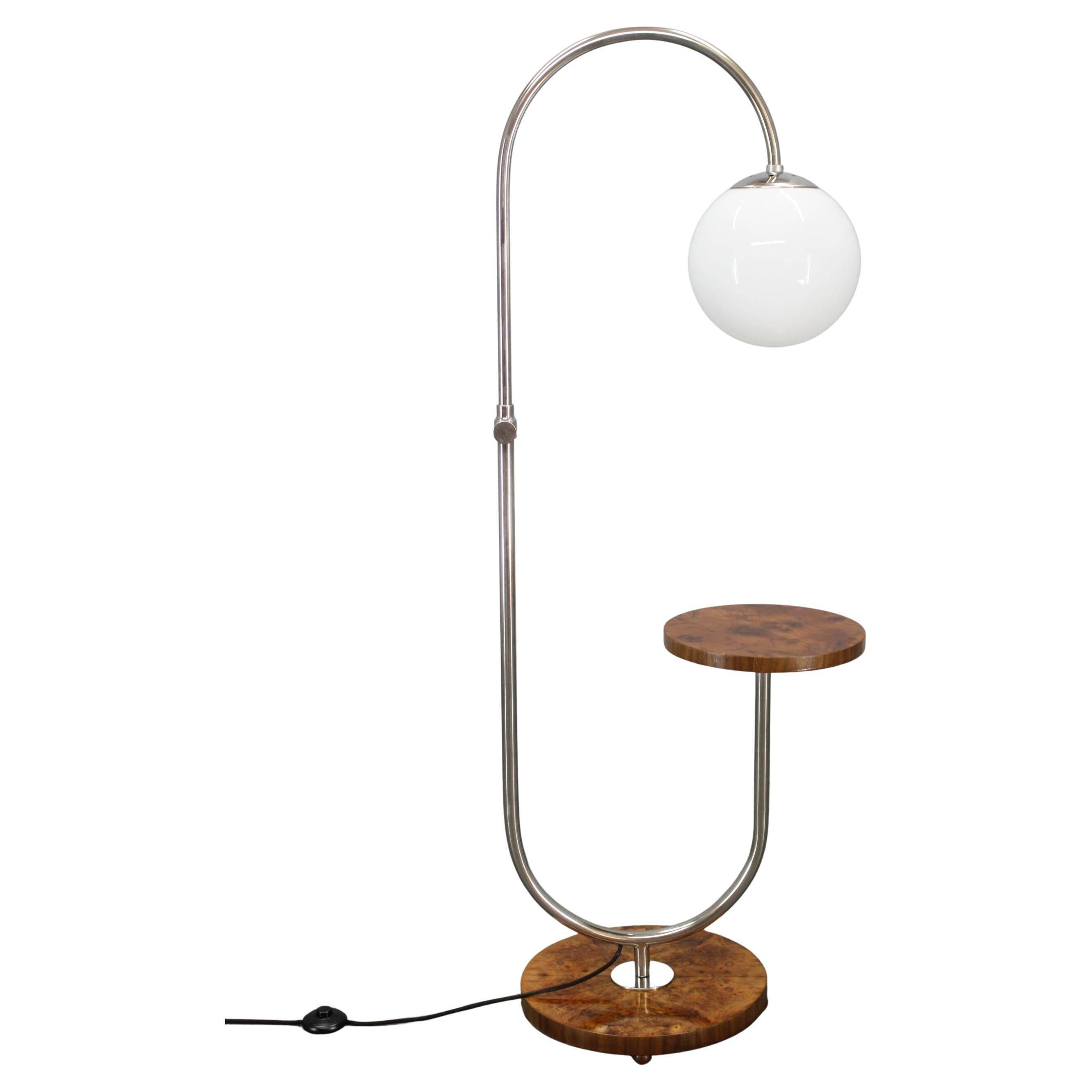 1930s Czechoslovak Art Deco chrome floor lamp with milk glass globe and table