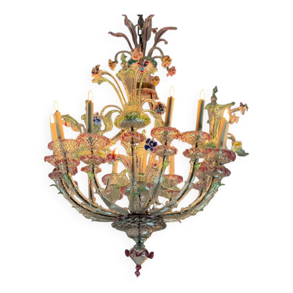 Grand lustre vénitien Rezzonico en verre de Murano multicolore, vers ...