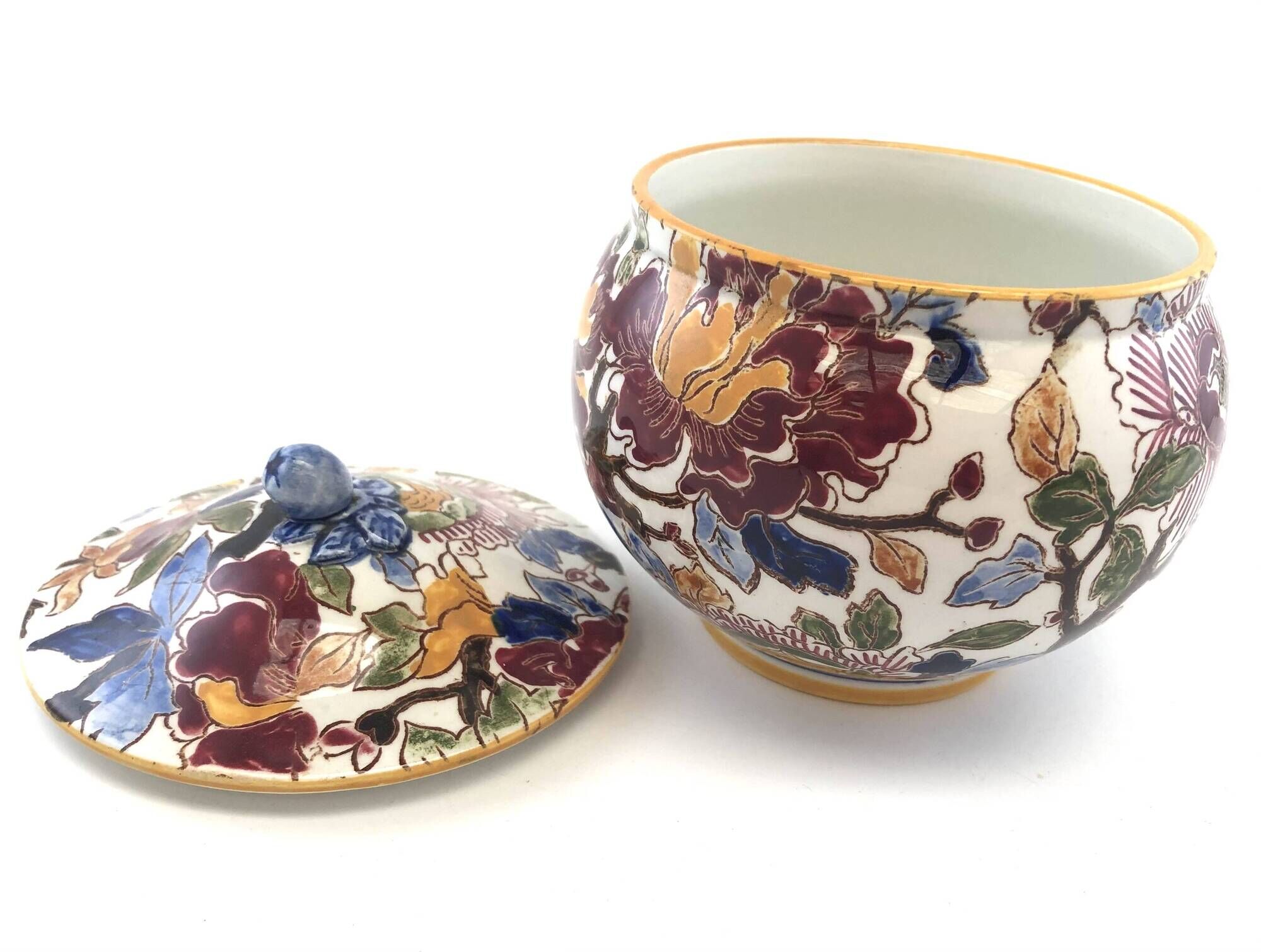 Old Sugar Bowl Candy Box Covered Earthenware Pot Gien Peonies