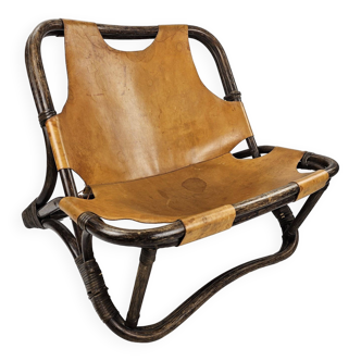 Brutalist armchair 1960s leather and bamboo