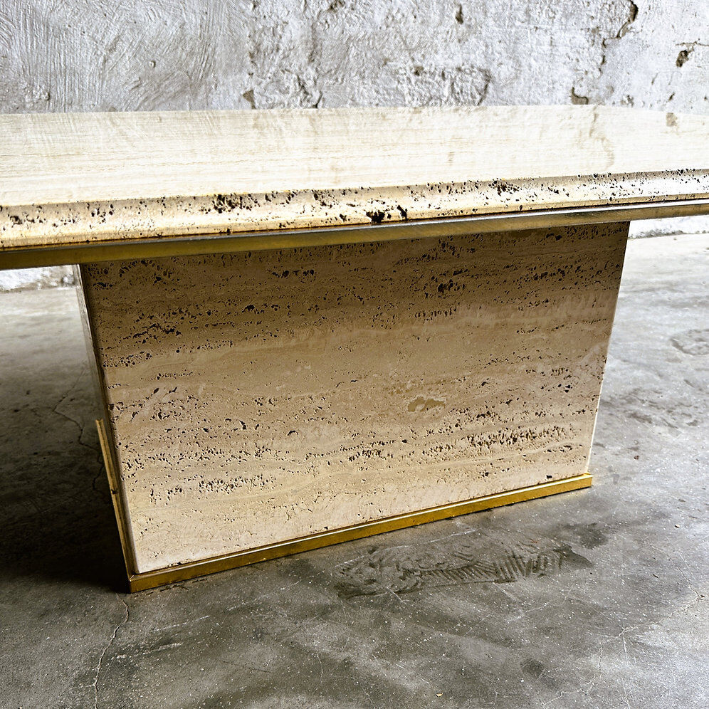 Vintage travertine coffee table with brass rim, France 1980s