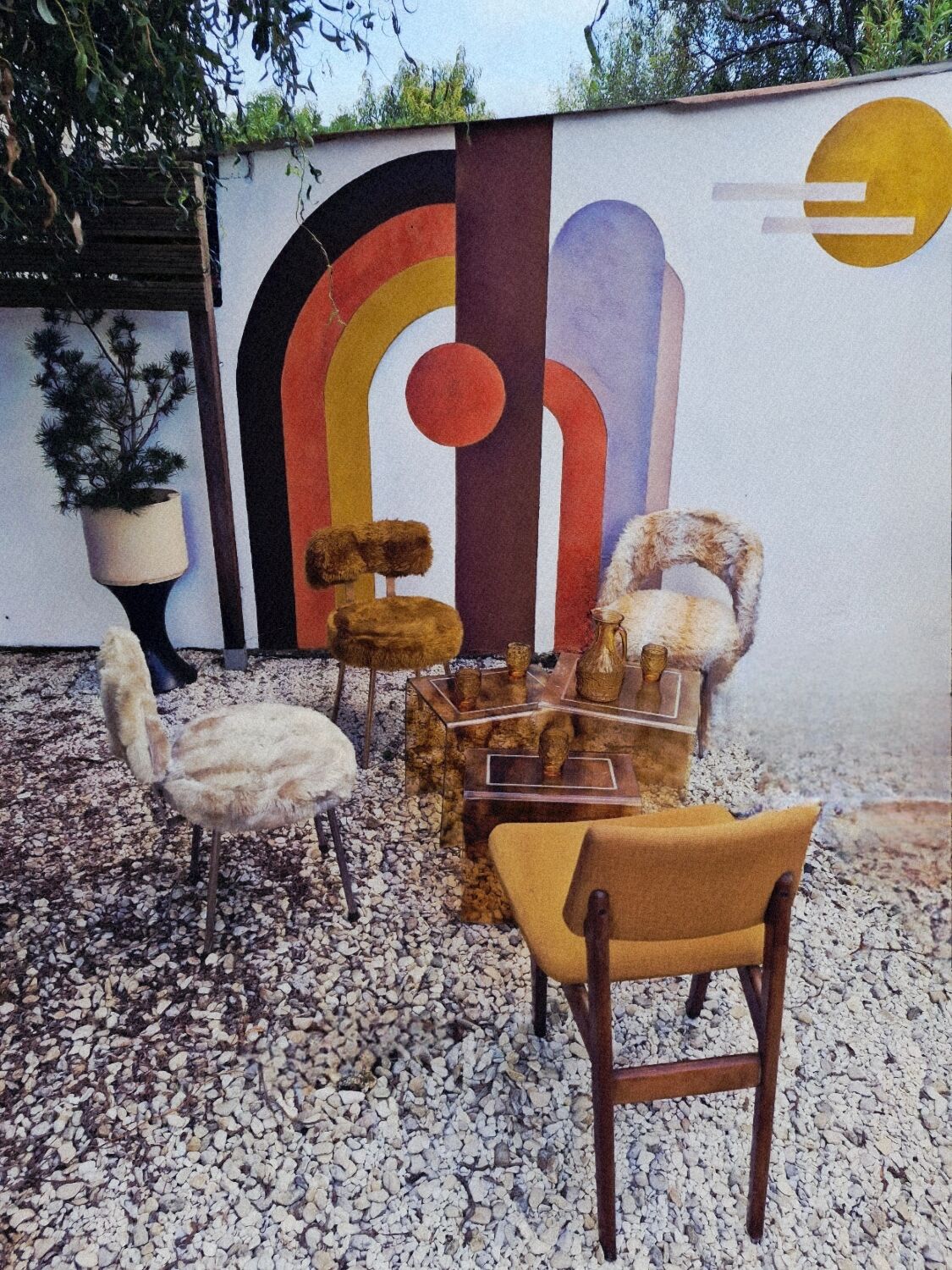 Set of 3 Moumoute Chairs, 2 Pelfran, 1 Barrel from 1960-1970.