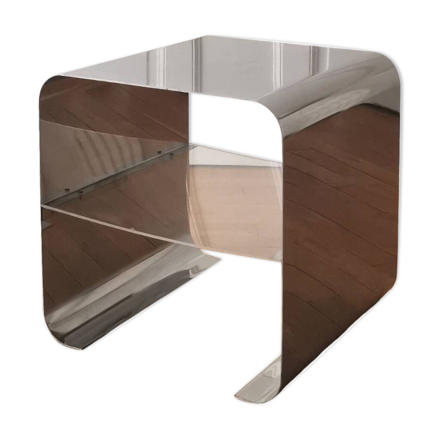 Chevet, table d'appoint inox et plexiglass, 1970