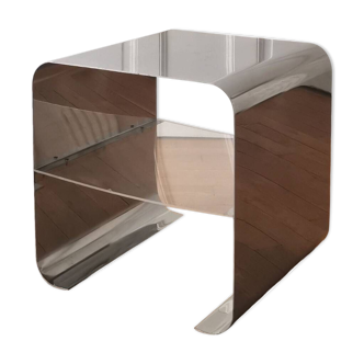 Bedside table, stainless steel and plexiglass side table, 1970