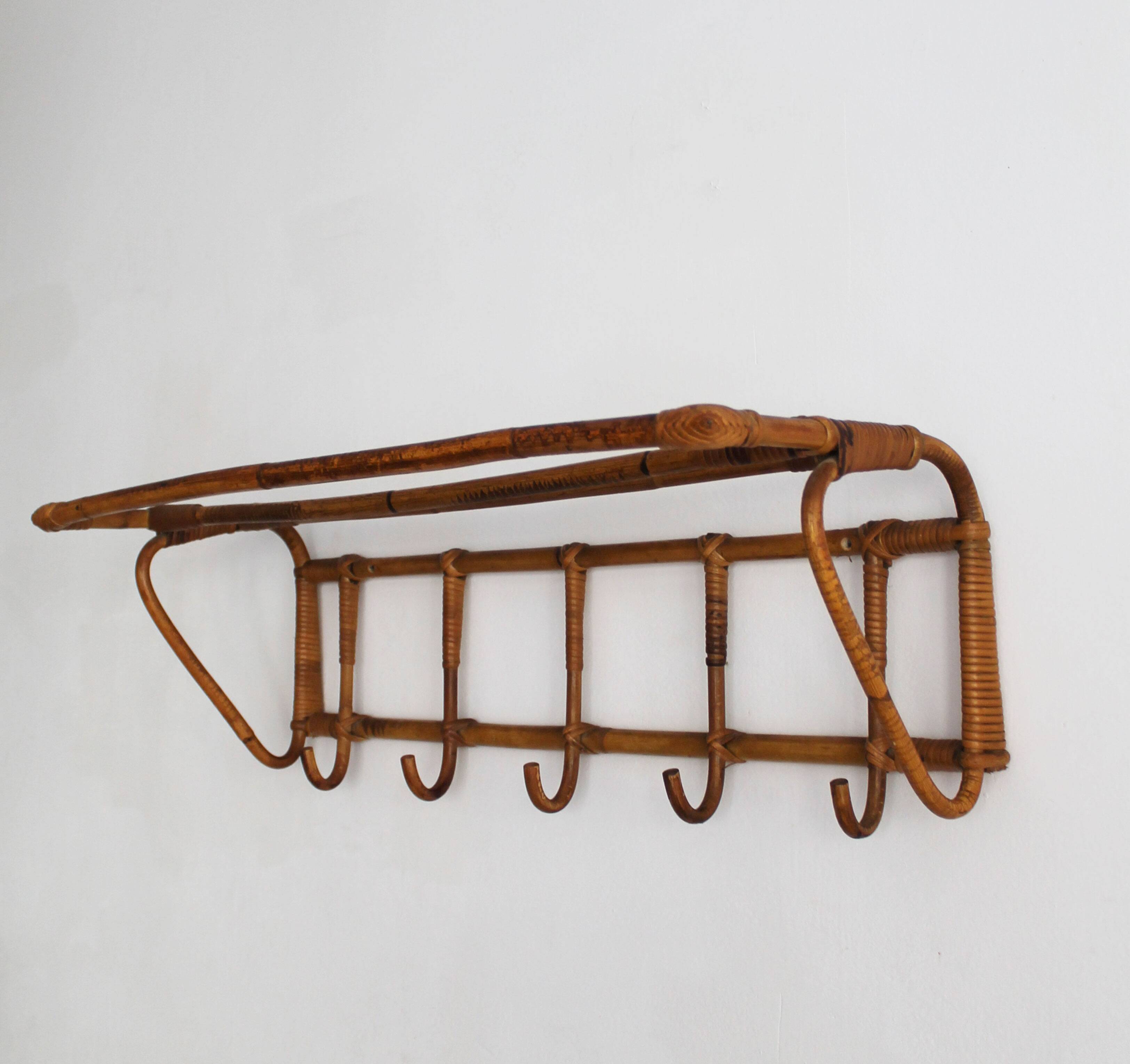 1960s Czechoslovak Rattan Wall Coat & Hat Rack, ÚLUV