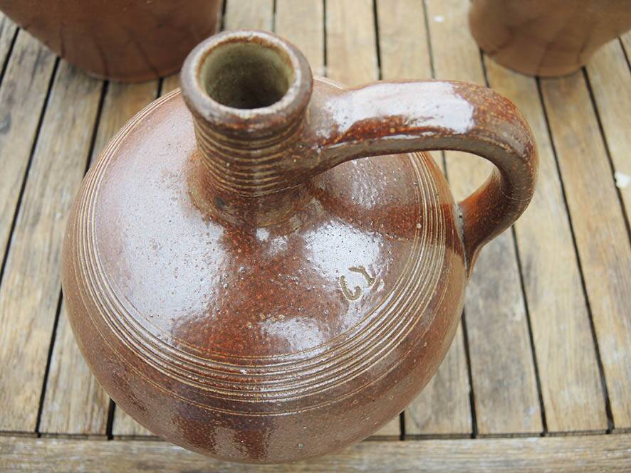 3 Old Calvados Jugs in Brown Glazed Stoneware