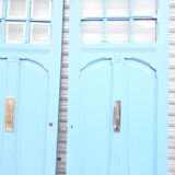 Double front door, fir and windows at the top