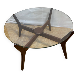 Table basse rétro vintage en teck avec plateau rond en verre – 1960