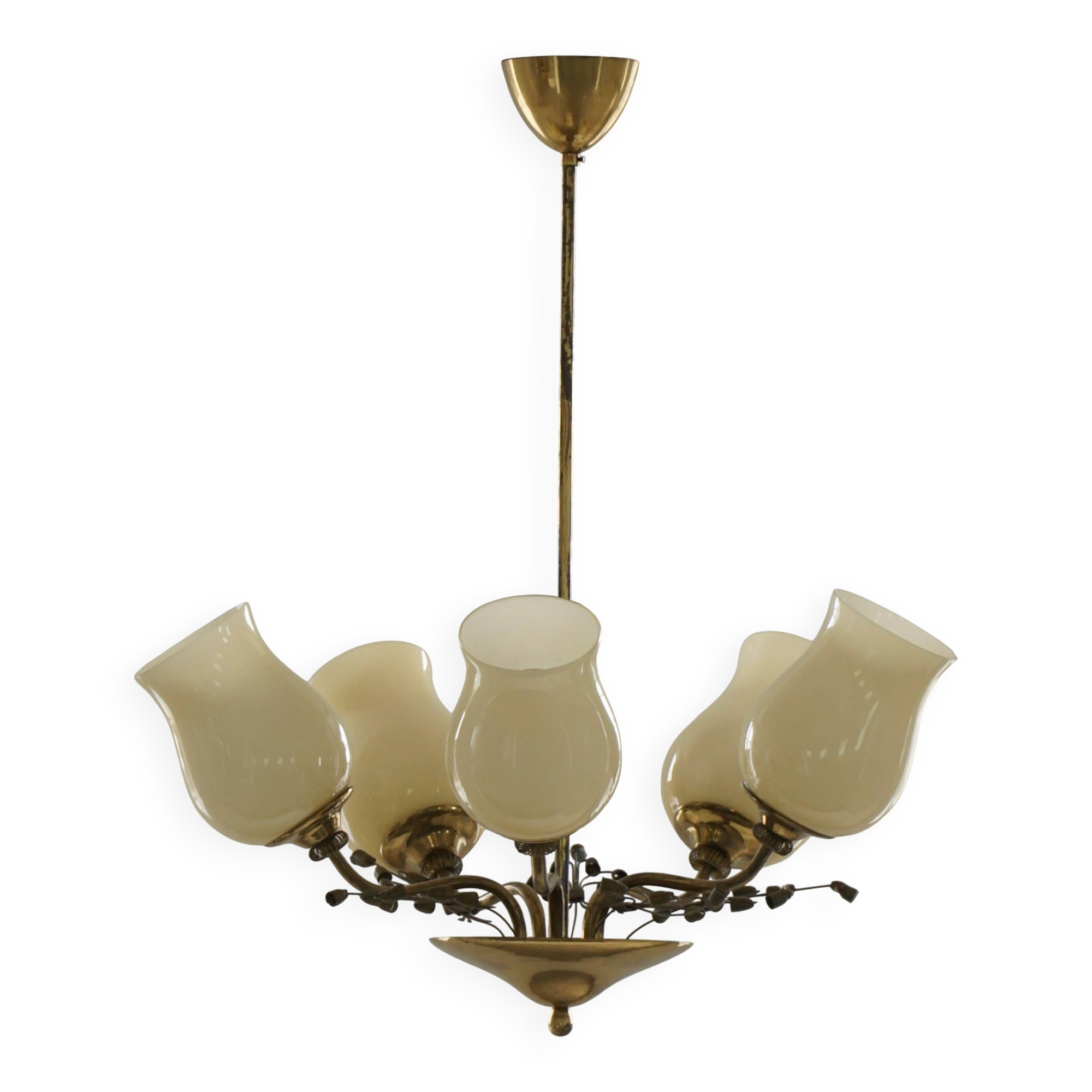Brass and glass chandelier, Lisa Johansson-Pape for Stockmann, Finland, 1940s.