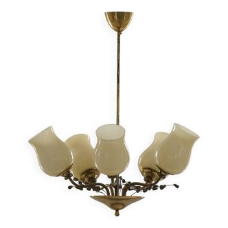 Brass and glass chandelier, Lisa Johansson-Pape for Stockmann, Finland, 1940s.