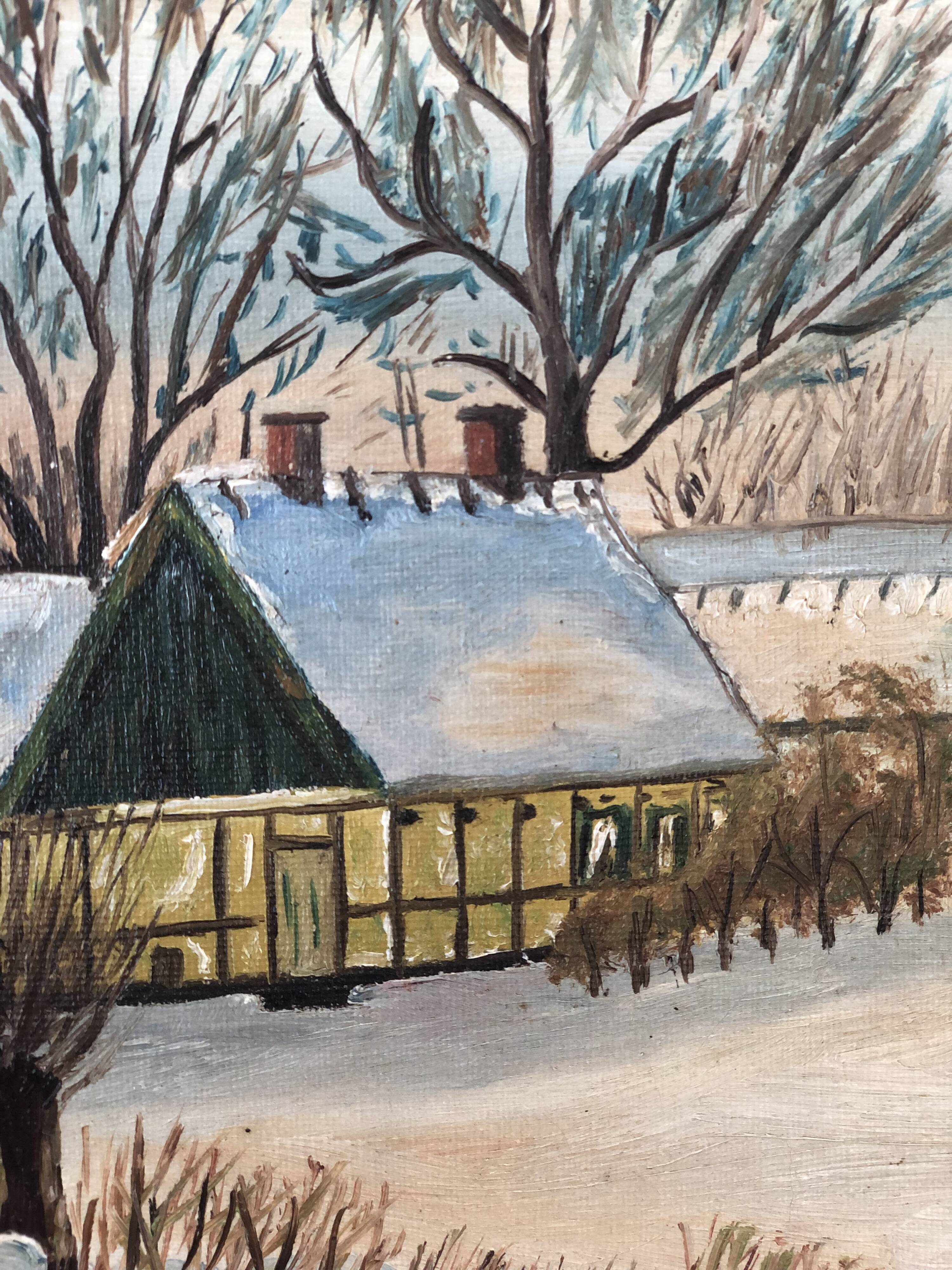 Peinture à l'huile vintage originale de cottage : Art de paysage d'hiver encadré