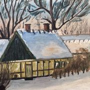 Vintage Original Cottage Oil Painting: Framed Winter Landscape Art