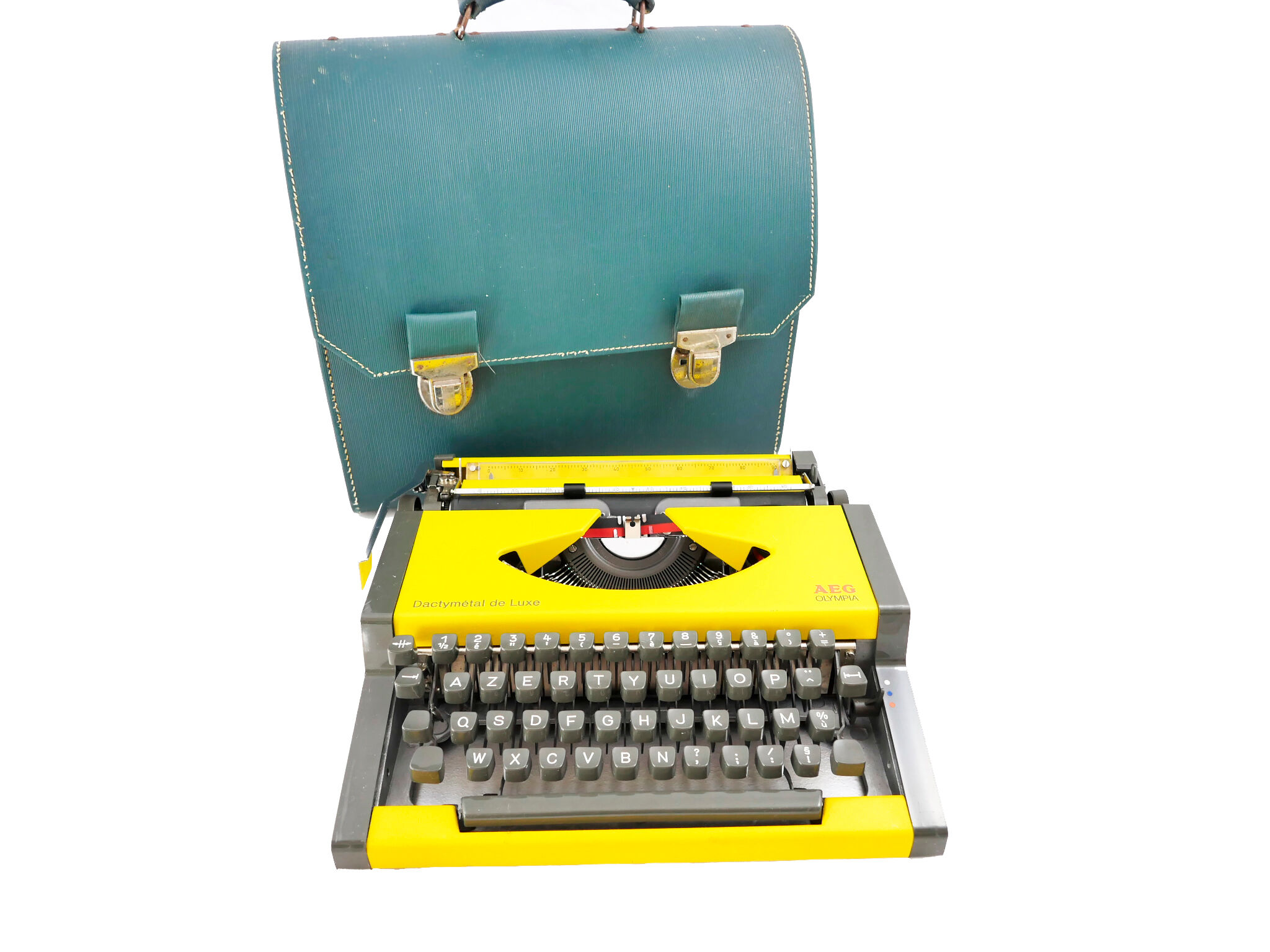 Machine à écrire Olympia AEG Dactymétal De Luxe Jaune révisée ruban neuf avec valise verte