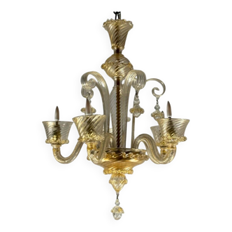 Lustre vénitien en verre de Murano doré 5 bras de lumière vers 1930