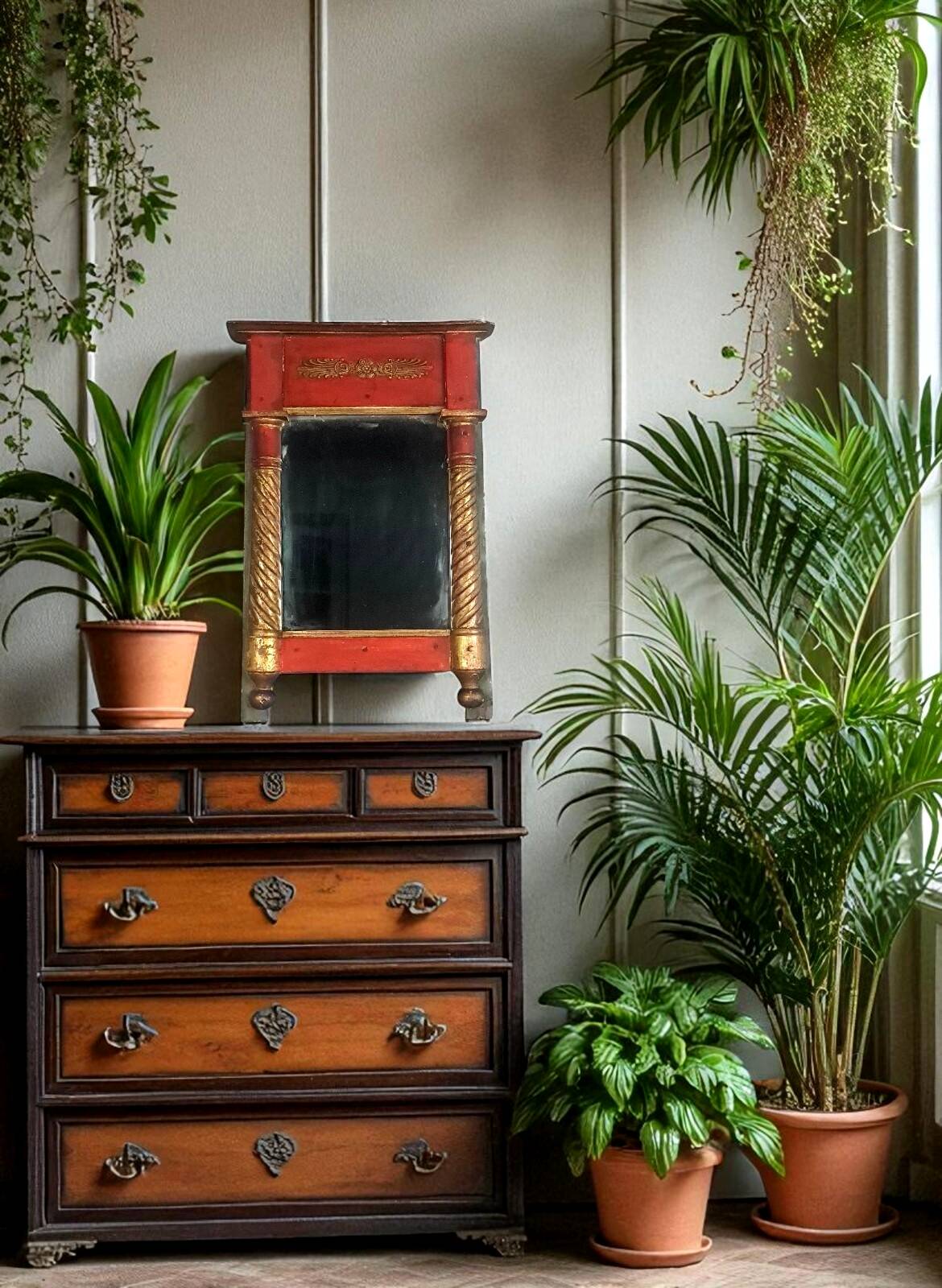 Restoration period mirror 1830 patinated gilded carved wood 48x33 cm