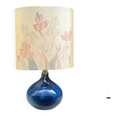 Vintage blue ceramic lamp Kintsugi and painted silk flower shade.