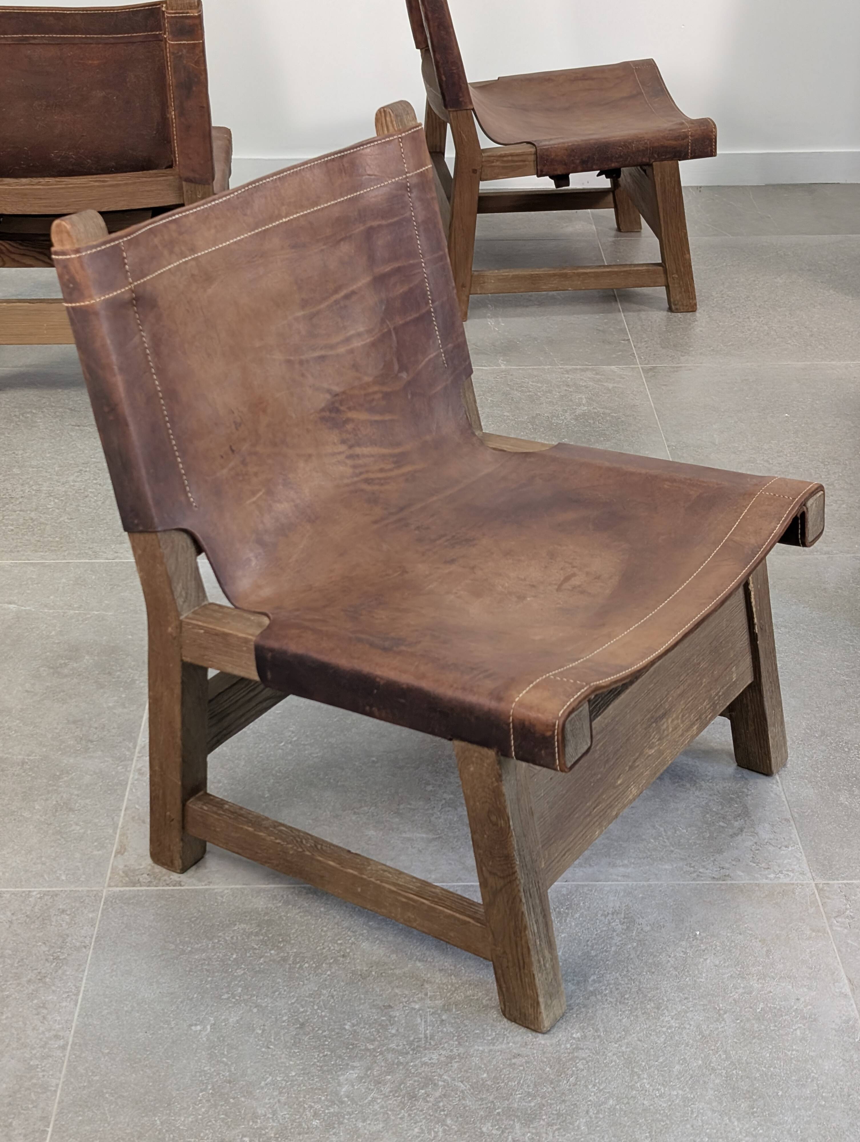 Set of 5 Spanish Leather and Oak Chairs