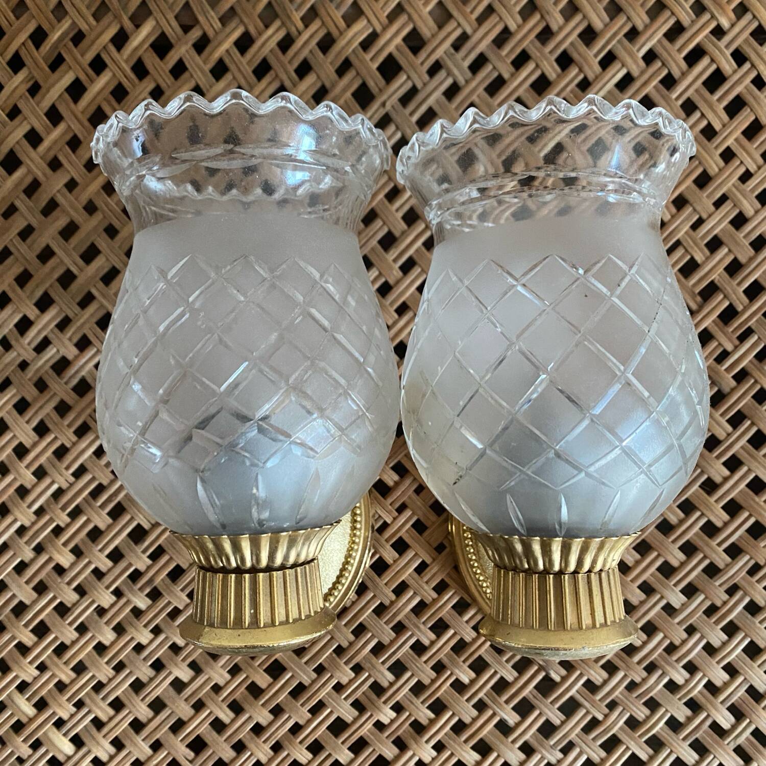 Pair of retro gold and glass tulip wall lights