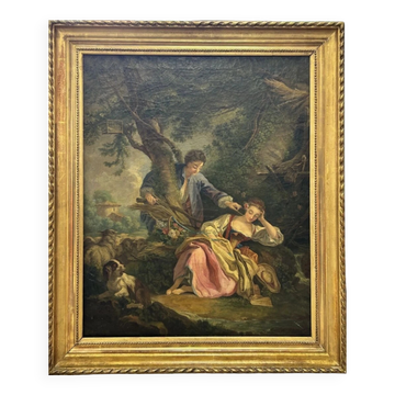 Large oil painting on canvas from the 19th century – Gallant scene after François Boucher