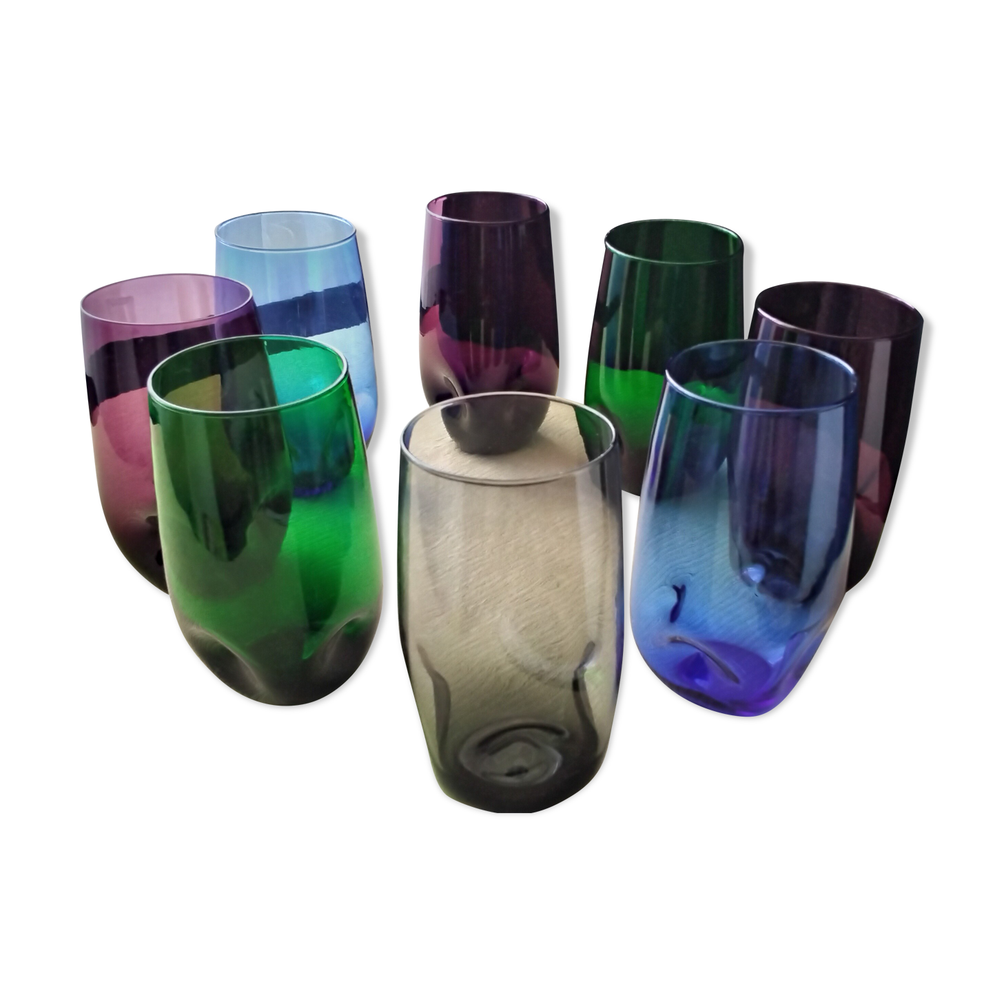 Set of 8 glasses cups high shape blown glass in different colors vintage