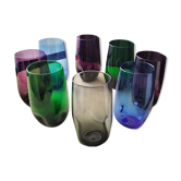 Set of 8 glasses cups high shape blown glass in different colors vintage