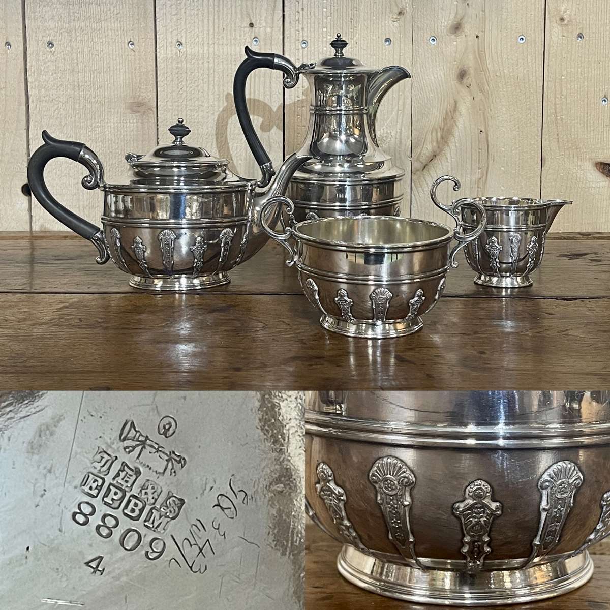 English tea and coffee set in silver metal early twentieth century with sugar bowl and milk pot