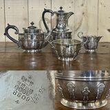 English tea and coffee set in silver metal early twentieth century with sugar bowl and milk pot