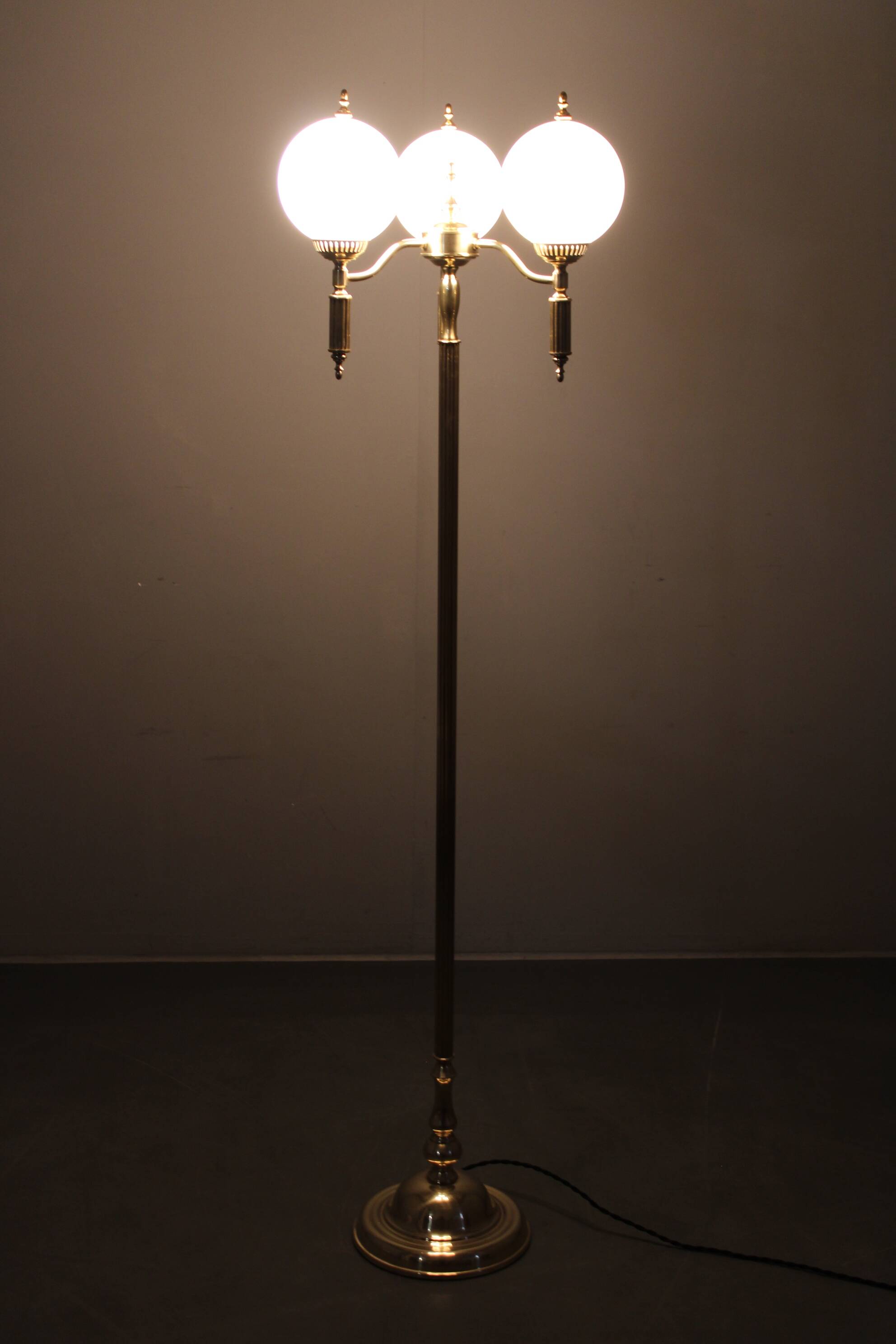 1970s Czechoslovak floor lamp in brass with milky glass shades