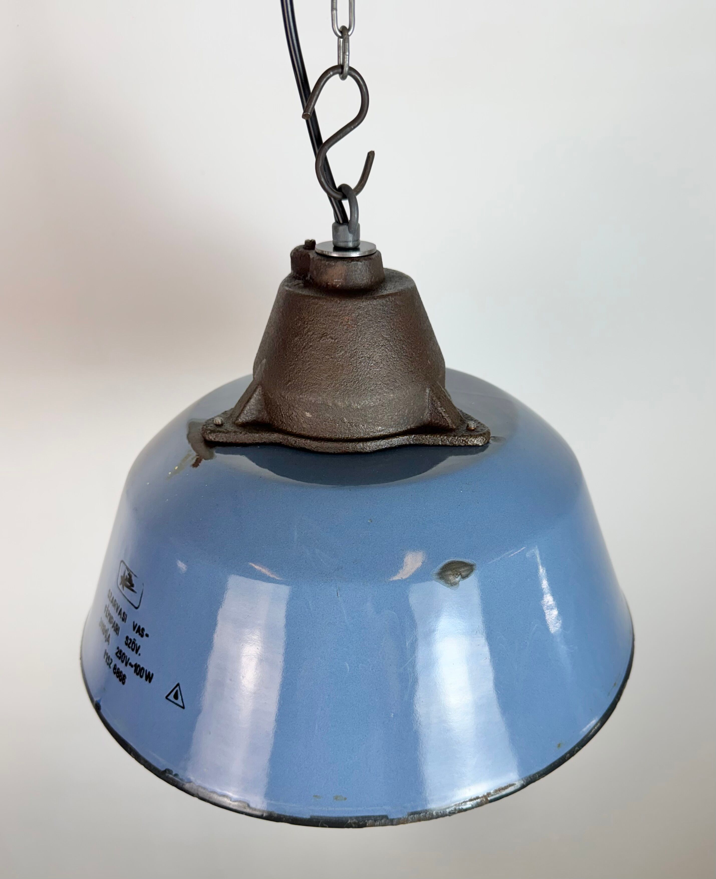 Industrial Blue Enamel and Cast Iron Pendant Lamp, 1960s
