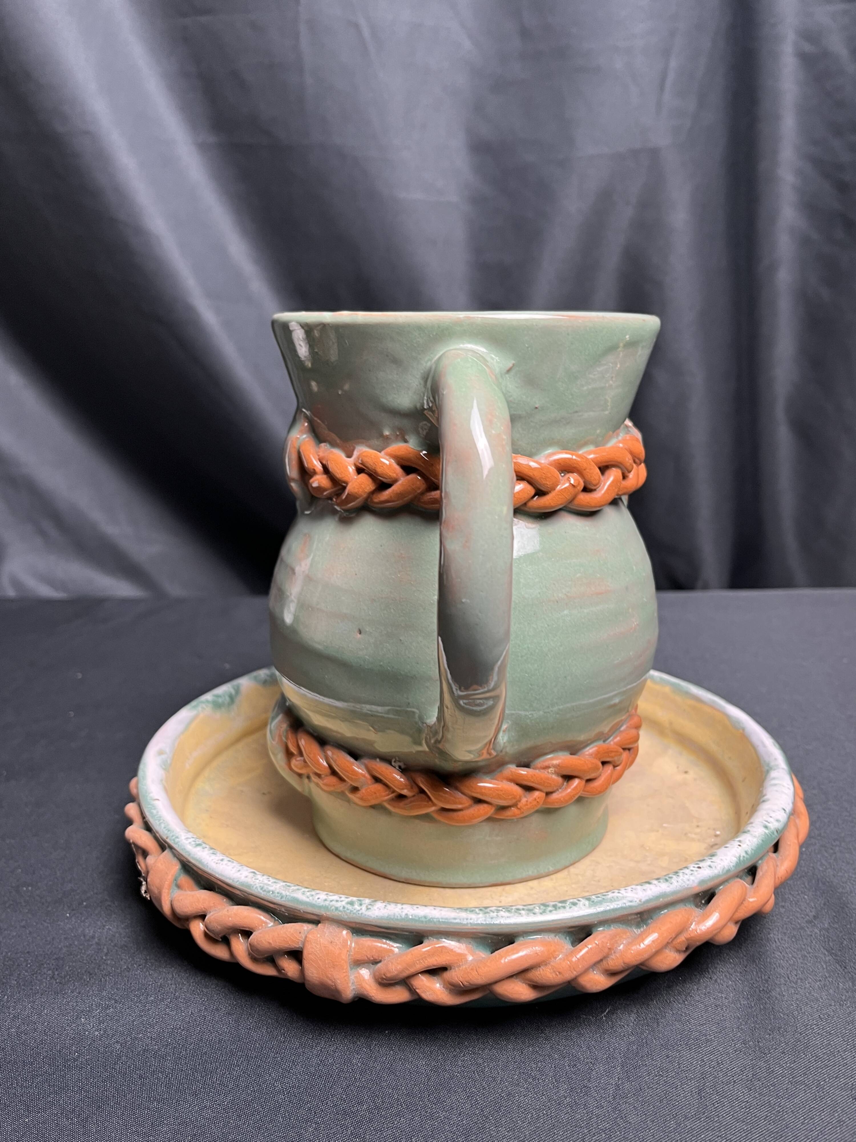Vintage set of pitcher and saucer, Puisaye stoneware, 20th century