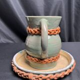 Vintage set of pitcher and saucer, Puisaye stoneware, 20th century