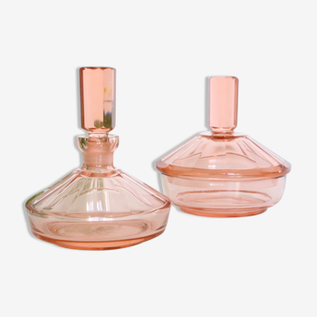 Bathroom set, jar and perfume bottle, pink glass, vintage