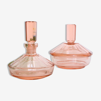 Set de salle de bain pot et flacon de parfum en verre rose, vintage