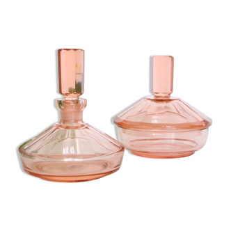 Bathroom set, jar and perfume bottle, pink glass, vintage