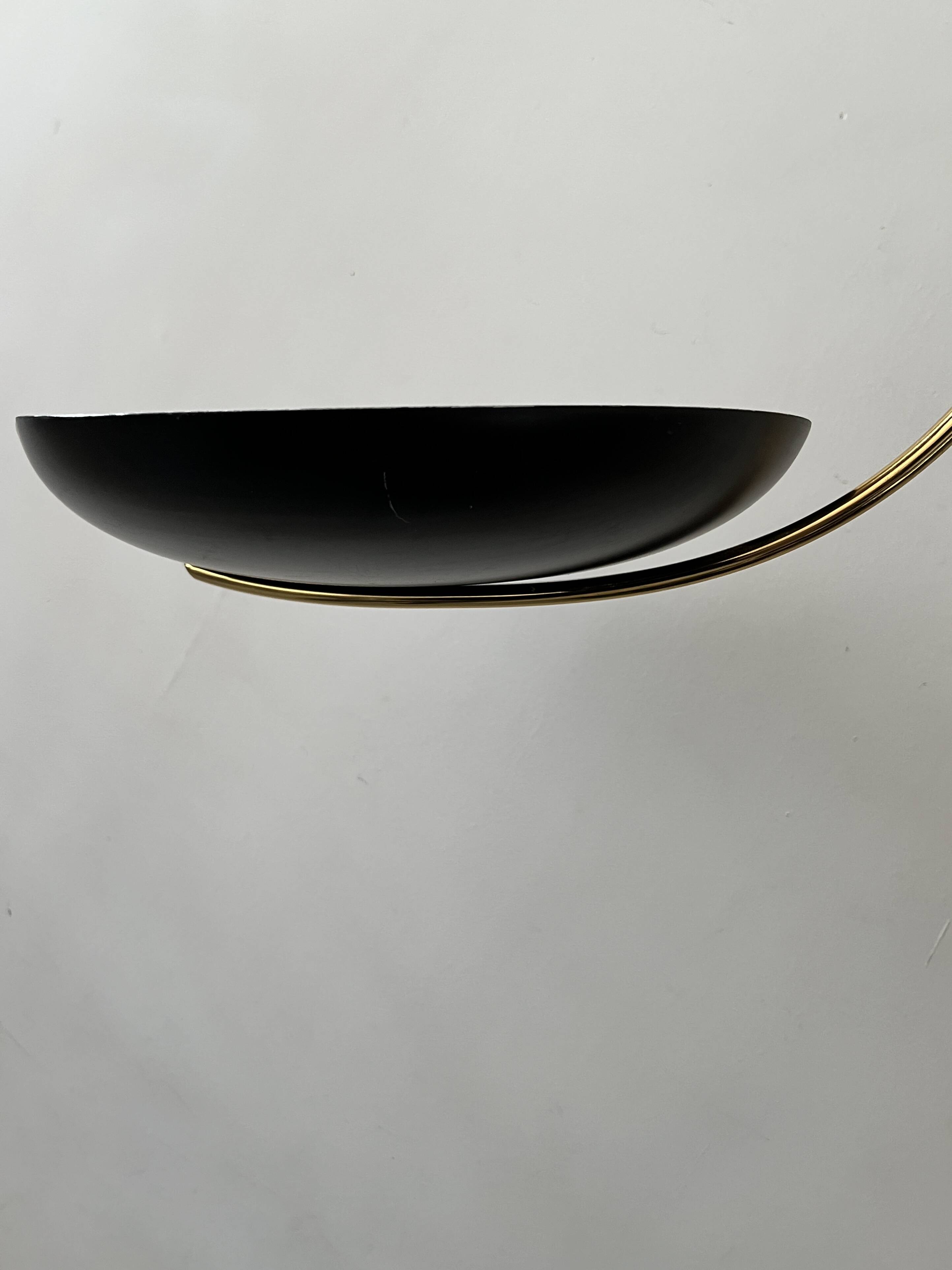 Black metal and brass arc pendant light "Les Activités" by Lucien Gau, Paris 1960