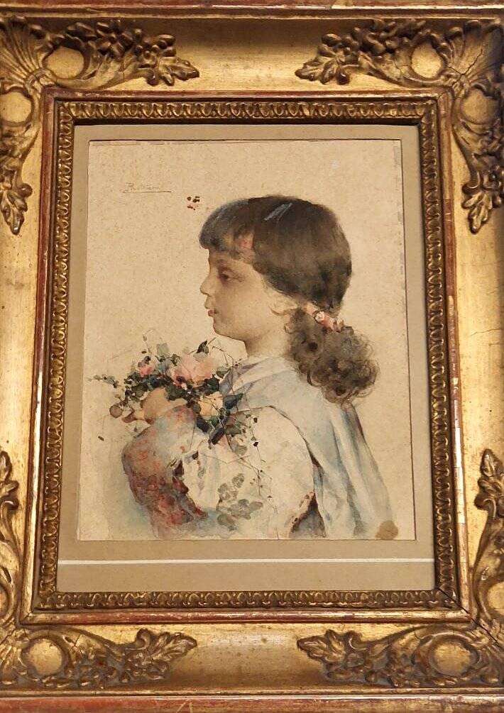 Watercolor on paper, portrait of a young girl, signed Alessandro Rontini, Florence (1854-1933)