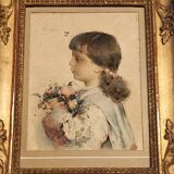 Watercolor on paper, portrait of a young girl, signed Alessandro Rontini, Florence (1854-1933)