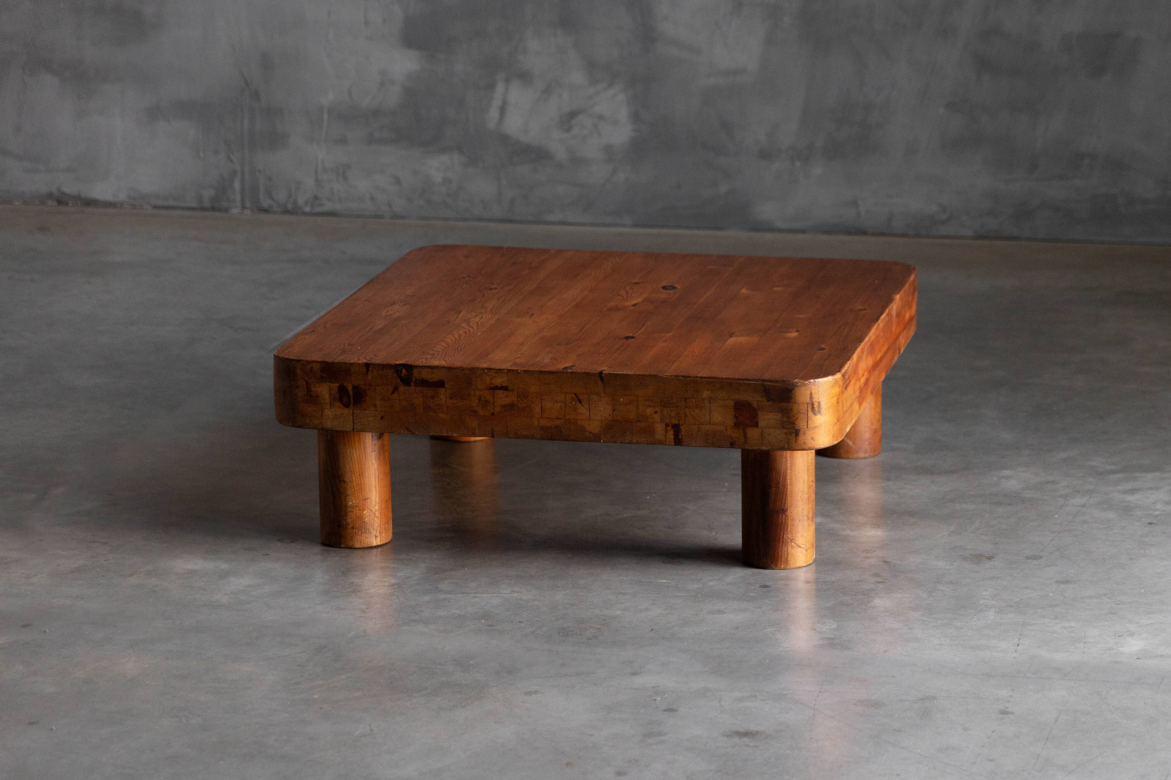 Brutalist pine low coffee table, France, 1960s