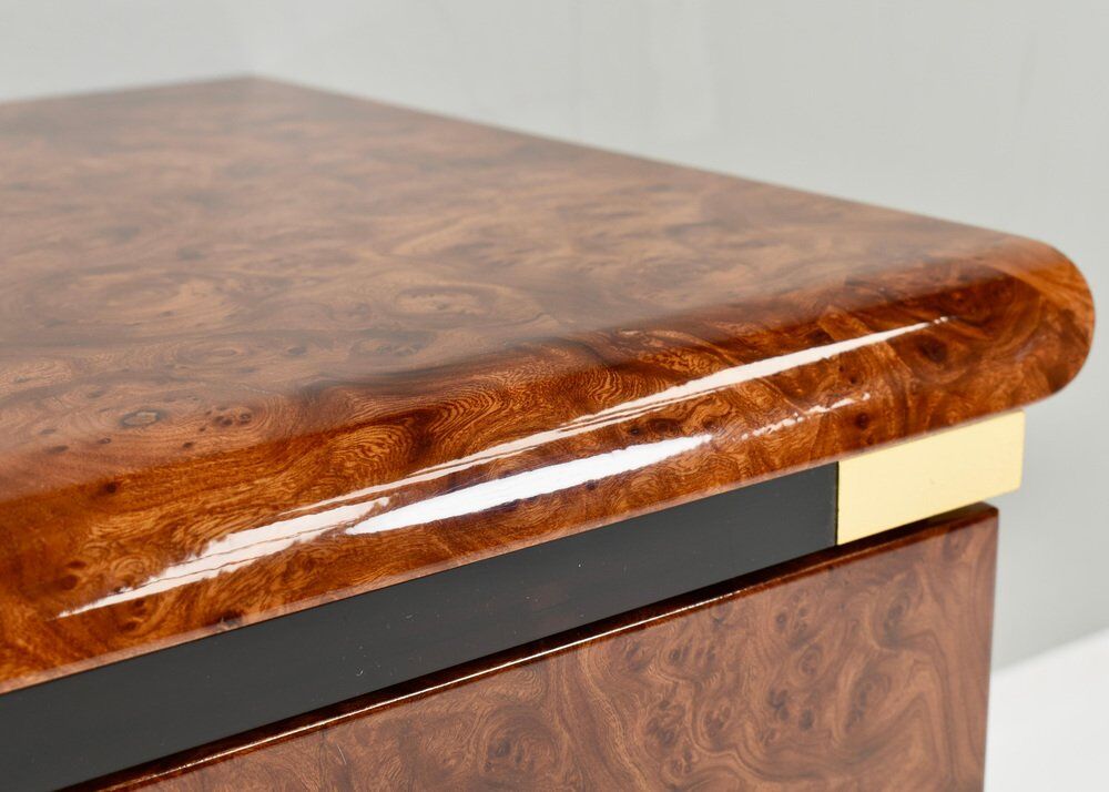 Italian drawer credenza in high gloss burl and brass, Italy, 1970s