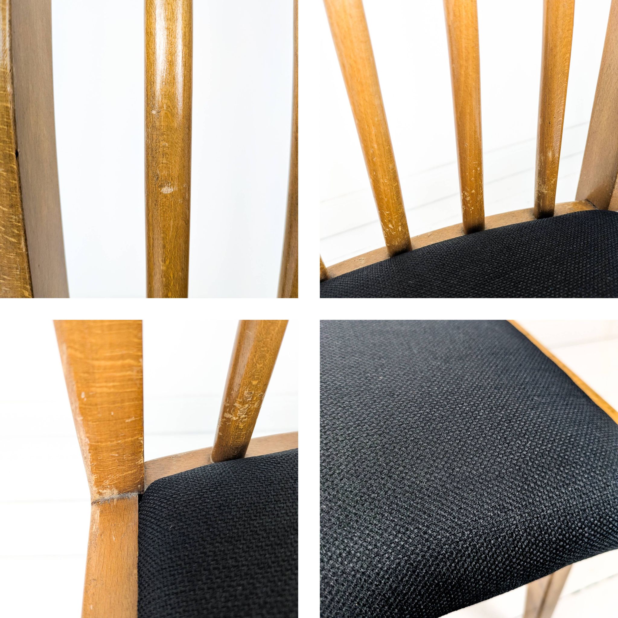 Chaise vintage Mid-Century à barreaux en bois massif avec assise à ressorts