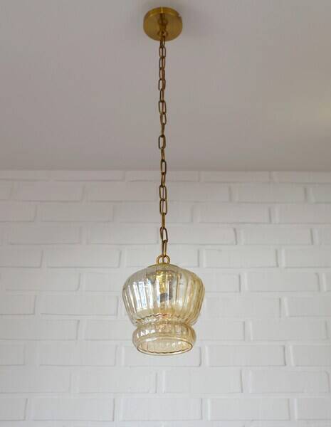 Vintage old gold pendant light, amber glass, 1960s chain lamp