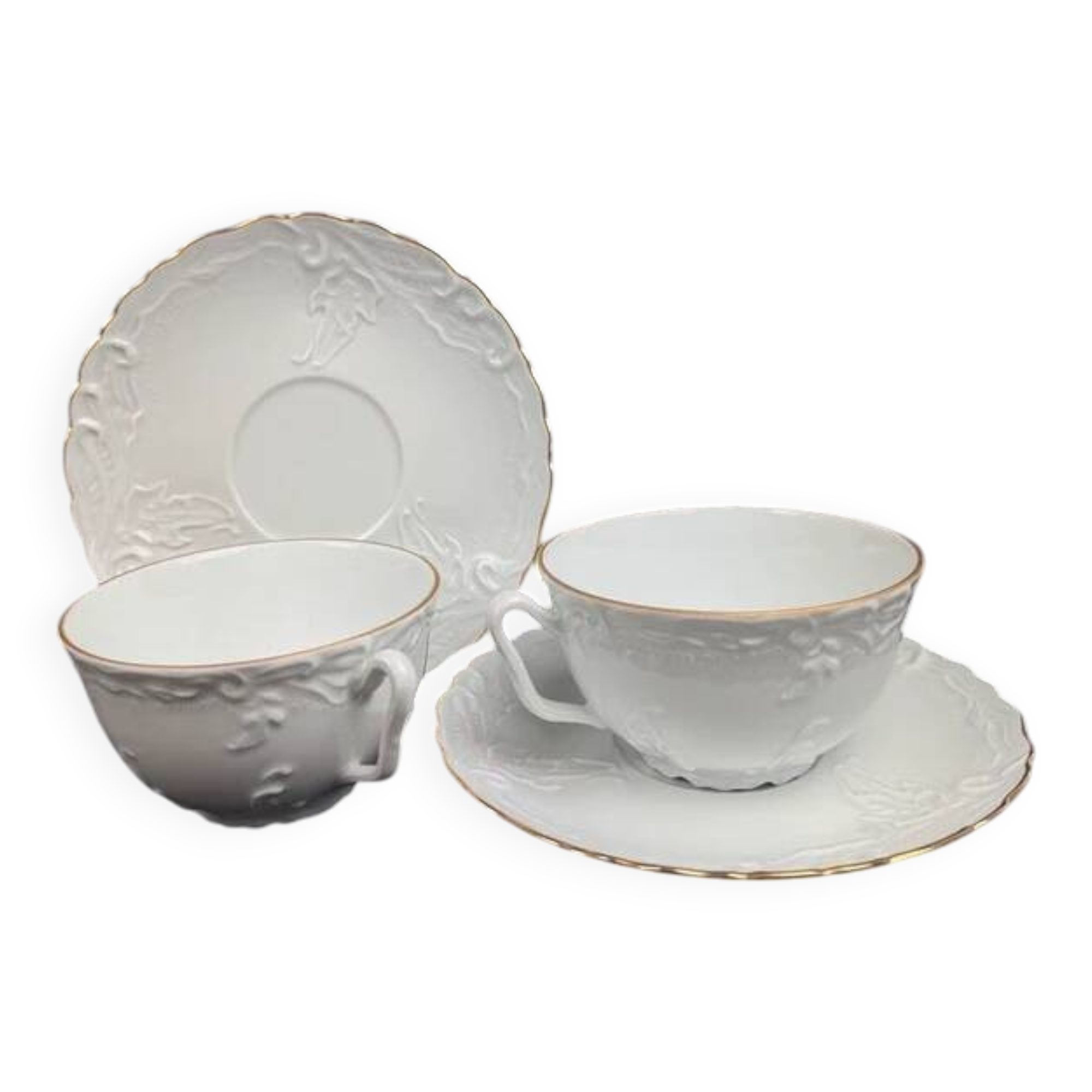Tharaud Limoges white porcelain cups and saucers with gold relief