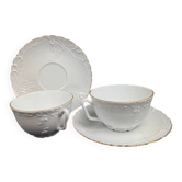 Tharaud Limoges white porcelain cups and saucers with gold relief