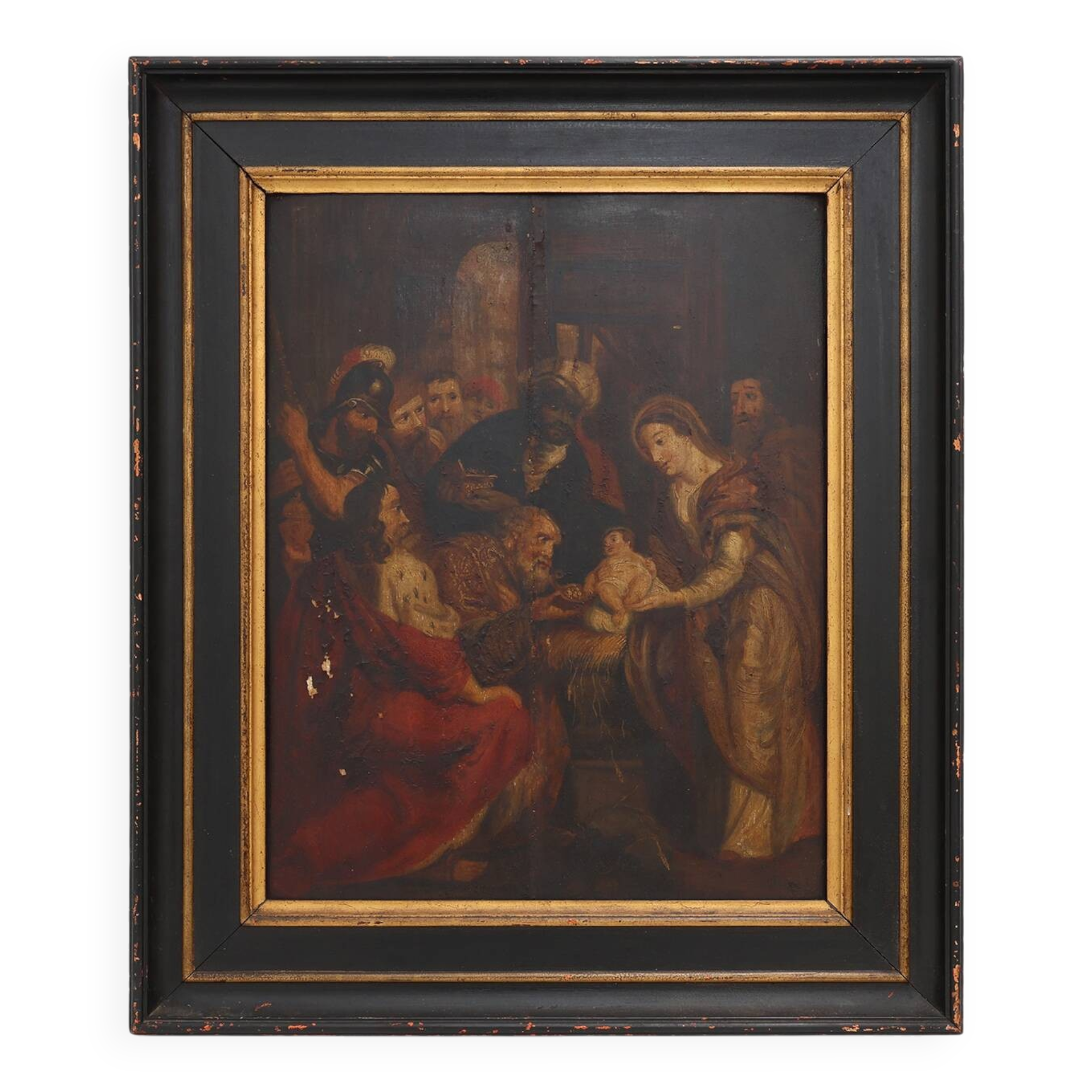 Flemish 18th century framed religious oil on wood painting Adoration of the