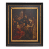 Flemish 18th century framed religious oil on wood painting Adoration of the